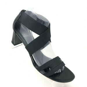 Stuart Weitzman Strappy Sandal Womens 8.5 Elastic Black Patent Chunky Heel